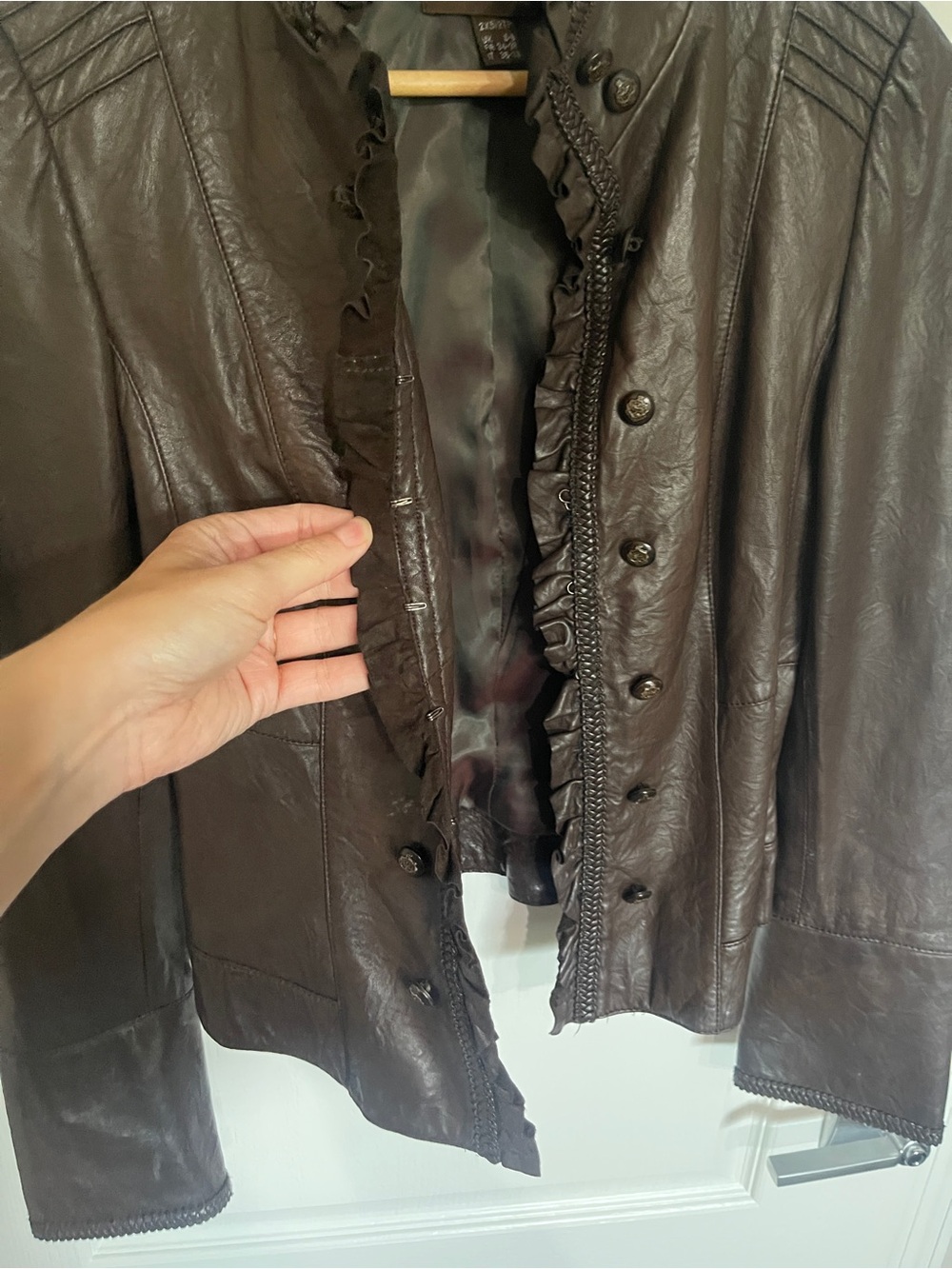 DANIER Dark Brown Military-Style Leather Jacket Button Vampire Dairies 2XS XXS - Picture 6 of 8